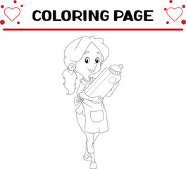chef girl with apron is holding debit card coloring page for kids