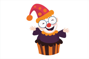 Cute orange-themed clown cupcake character with a festive hat and a red clown nose, perfect for April Fools celebrations.