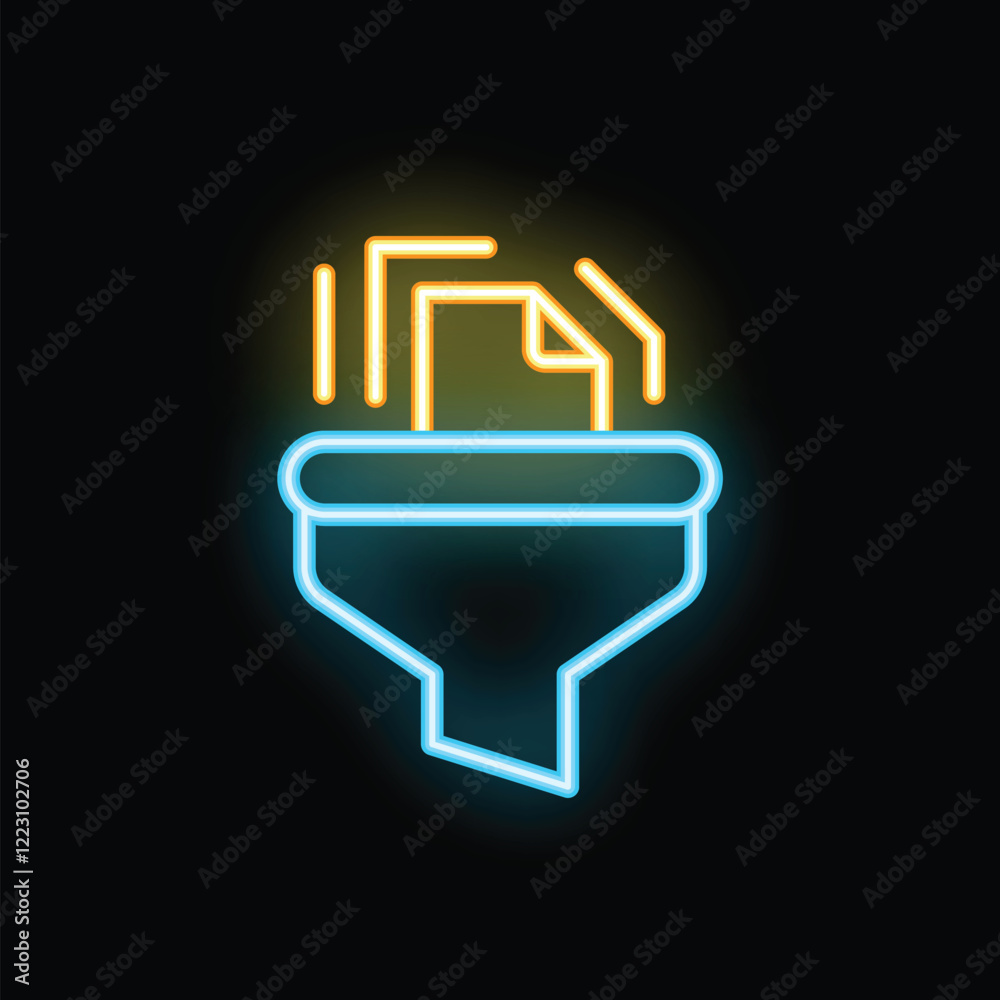 Poster neon icon representing data being filtered through a funnel, symbolizing data analysis and processin