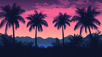 A stunning tropical panorama featuring a vibrant sunset with fiery orange and pink hues, framed by the silhouette of swaying palm trees.