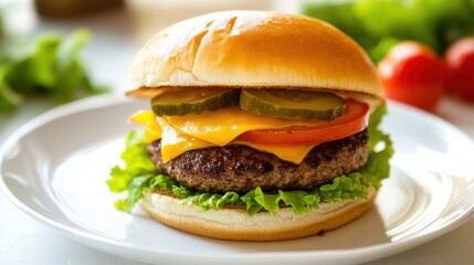 A classic beef burger with a juicy patty, melted cheese, lettuce