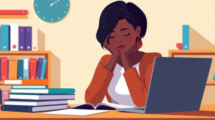 Illustration of woman with laptop and books, ideal for study blogs and remote learning content