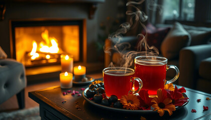 Charming cozy scene featuring steamy tea, colorful flowers, candles, and a fireplace. Invites relaxation and tranquility with warm tones and an intimate ambiance. Perfect for themes of comfort, warmth
