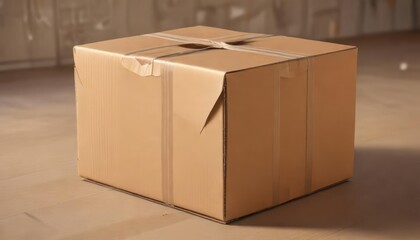 Brown corrugated cardboard box covered with packing tape at four corners, corrugated cardboard, storage