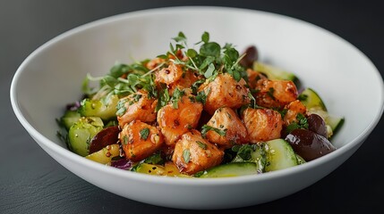 A vibrant salad featuring grilled chicken, fresh vegetables, and herbs, presented in a white bowl against a dark background.