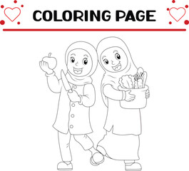 two girls is holding fruit pail vegetables coloring page for kids