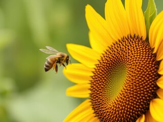 busy bee flying towards a sunflower with bright yellow petals, busy bee, nature, outdoors