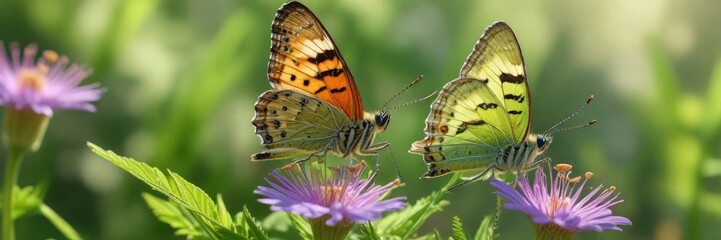 Obraz premium Butterfly on a green grasshopper flower with soft lighting and blurred background, insect, soft focus