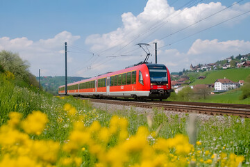 Obraz premium Railway Tracks and Power Lines in a Scenic Rural Landscape