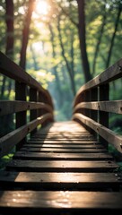 Fototapeta premium Tranquil Wooden Bridge in Sunlit Forest
