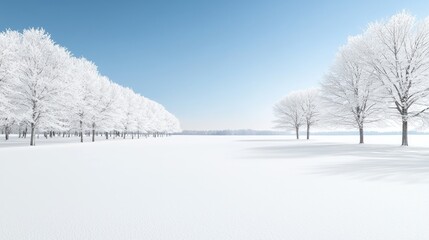 Obraz premium Winter landscape snow-covered trees, serene field, clear sky, ideal for winter themed designs