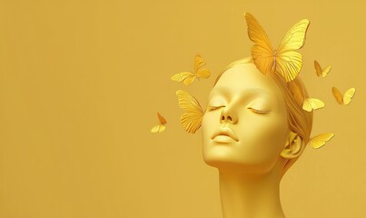 Golden Tranquility: A golden female bust with eyes closed, surrounded by ethereal, golden butterflies,  a timeless image of peace and serenity. The soft, golden tones evoke a sense of warmth, comfort.