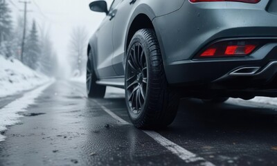 Car's wheels on snowy road with winter tires during rain, traction, cold weather