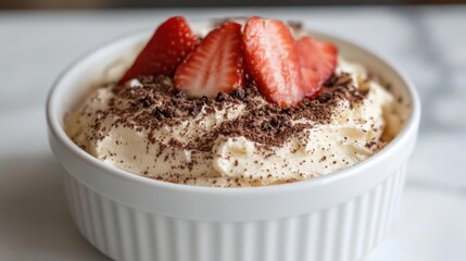 Creamy dessert with strawberries and cocoa topping in a white bowl.