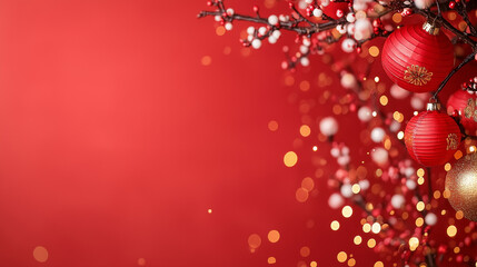 Festive Red Background with Christmas Decorations: A vibrant red background is adorned with a beautiful arrangement of glistening Christmas ornaments, creating a festive and celebratory atmosphere.  