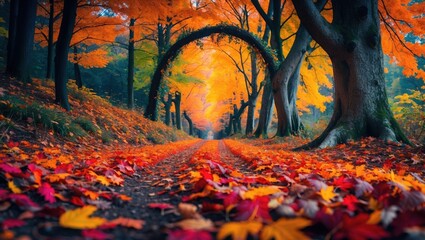 Vibrant Autumn Landscape with Leaf-Covered Path