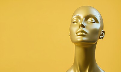 Golden Muse: A  golden female mannequin head against a vivid yellow background.  The mannequin is posed with her eyes closed and her lips slightly parted.