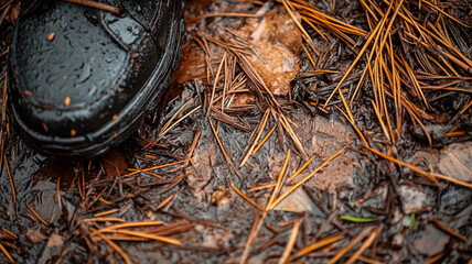 close up of shoe on wet pine needles and muddy ground, showcasing nature textures