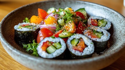 A vibrant plate of sushi rolls surrounded by fresh vegetables, showcasing a colorful and appetizing presentation.