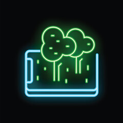 Neon sign of trees growing from smartphone screen representing online park or forest