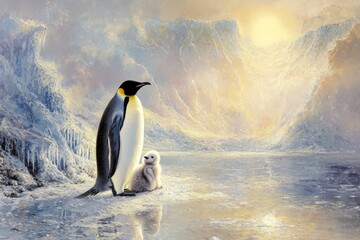 Obraz premium Majestic penguin and chick stand on icy shore under glowing sunr