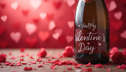 Bottle of champagne with Valentine's Day wishes.