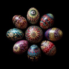 Easter eggs on black. Ten intricately decorated Easter eggs arranged in a circle on a black background.