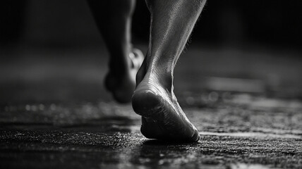 Close up of runner foot pausing on wet surface, showcasing determination