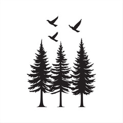 Fototapeta premium set of Silhouette of Pine Trees with Flying Birds isolated Vector Design on White Background