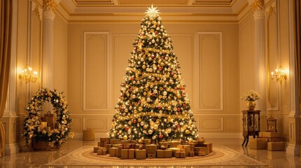 Fototapeta premium Christmas tree with ornaments and garlands in a cozy room, room, christmas tree, cozy