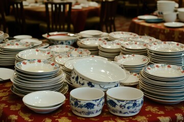 Group of Plates and Bowls on a Buffet Table