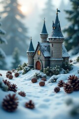 pinecones scattered around a miniature castle, serene, icy