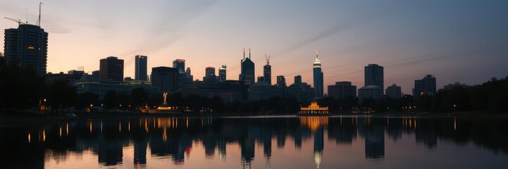 Obraz premium Cityscape at dusk with a serene lake reflection, city lights, urban beauty, dusk sky