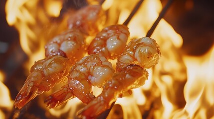Shrimp grilling over an open flame at a summer barbecue gathering
