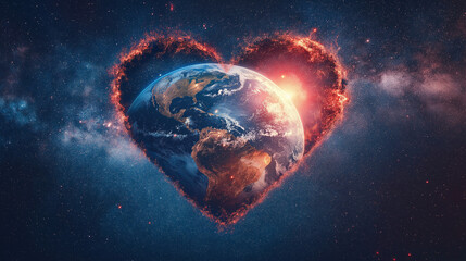 Burning Heart of Earth: A dramatic cosmic image depicting planet Earth nestled within a fiery heart shape.