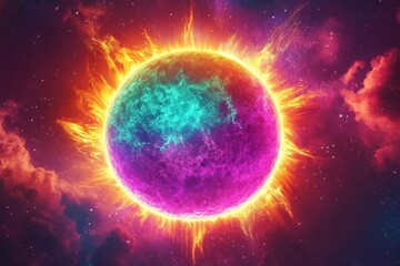 Obraz premium Vibrant Cosmic Sun with Colorful Aura in Space Setting