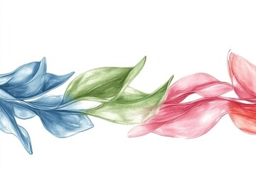 Colorful flowing leaves in soft hues of blue, green, and red, creating a serene background