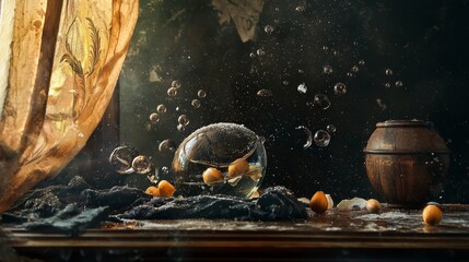 Dramatic still life with falling walnuts and a rustic barrel