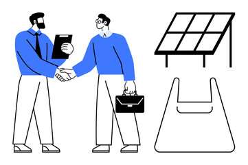 Two men in a business handshake, one holding a clipboard, the other carrying a briefcase. Nearby are a solar panel and a stylized shopping bag. Ideal for business, collaboration, renewable energy