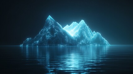 Abstract low-poly iceberg glowing with underwater circuits, reflecting digital innovation and futuristic minimalism on a sleek dark ocean background.