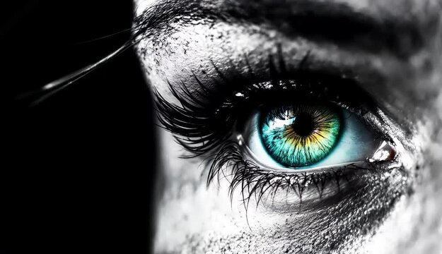 A striking close-up of a captivating eye, rendered in black and white with a vibrant teal iris.  The image evokes depth and mystery.