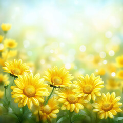 Obraz premium Bright yellow sunflowers bloom in vibrant field, creating cheerful and uplifting atmosphere. soft background adds dreamy quality to this beautiful floral scene