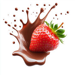 A fresh strawberry splashing in melted chocolate, creating a delicious dessert scene.