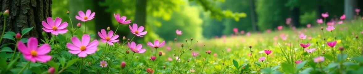 Obraz premium pink cosmos blooms scattered among emerald foliage and tree branches, greenery, landscape