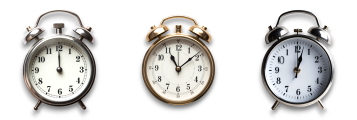 Isolated clocks on transparent background, representing various timekeeping styles