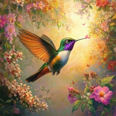 Hummingbird in Flight with Flowers