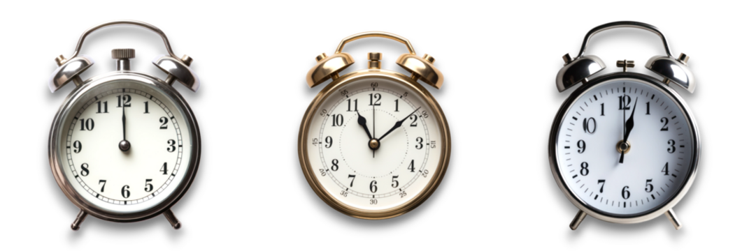 Isolated clocks on transparent background, representing various timekeeping styles