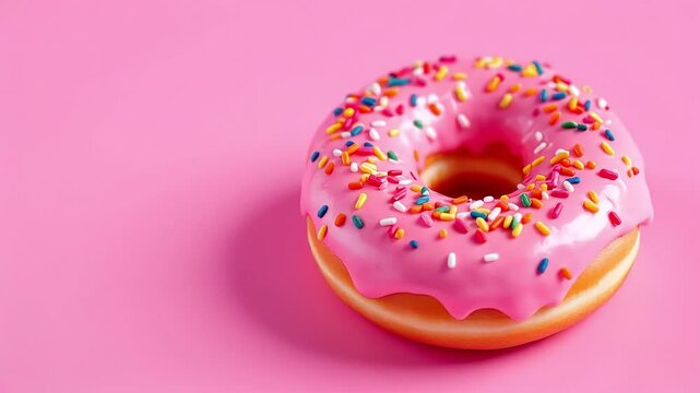 A single pink donut with colorful sprinkles sits on a pink background. Sweet, delicious treat.