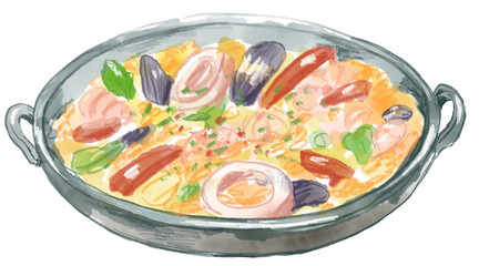美味しそうなパエリアの水彩イラスト_透過PNG