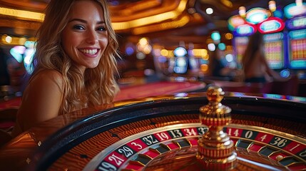 Fototapeta premium Woman Smiling at Casino Roulette Wheel